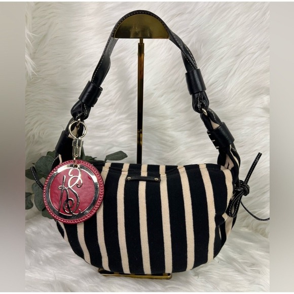 Kate Spade Striped Hobo Bag Handbag Purse Beige Black Sam Preppy Classic - Picture 1 of 1